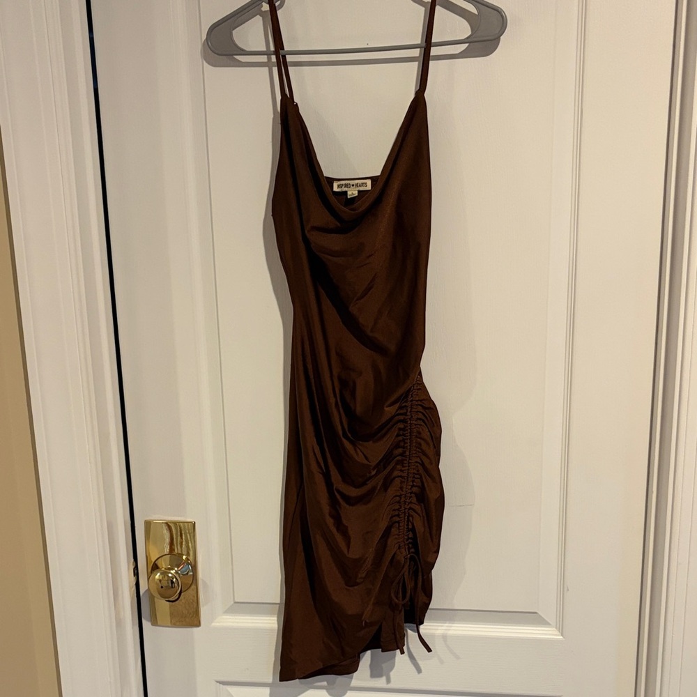 Inspired Hearts Brown Ruched Cowl Midi Dress